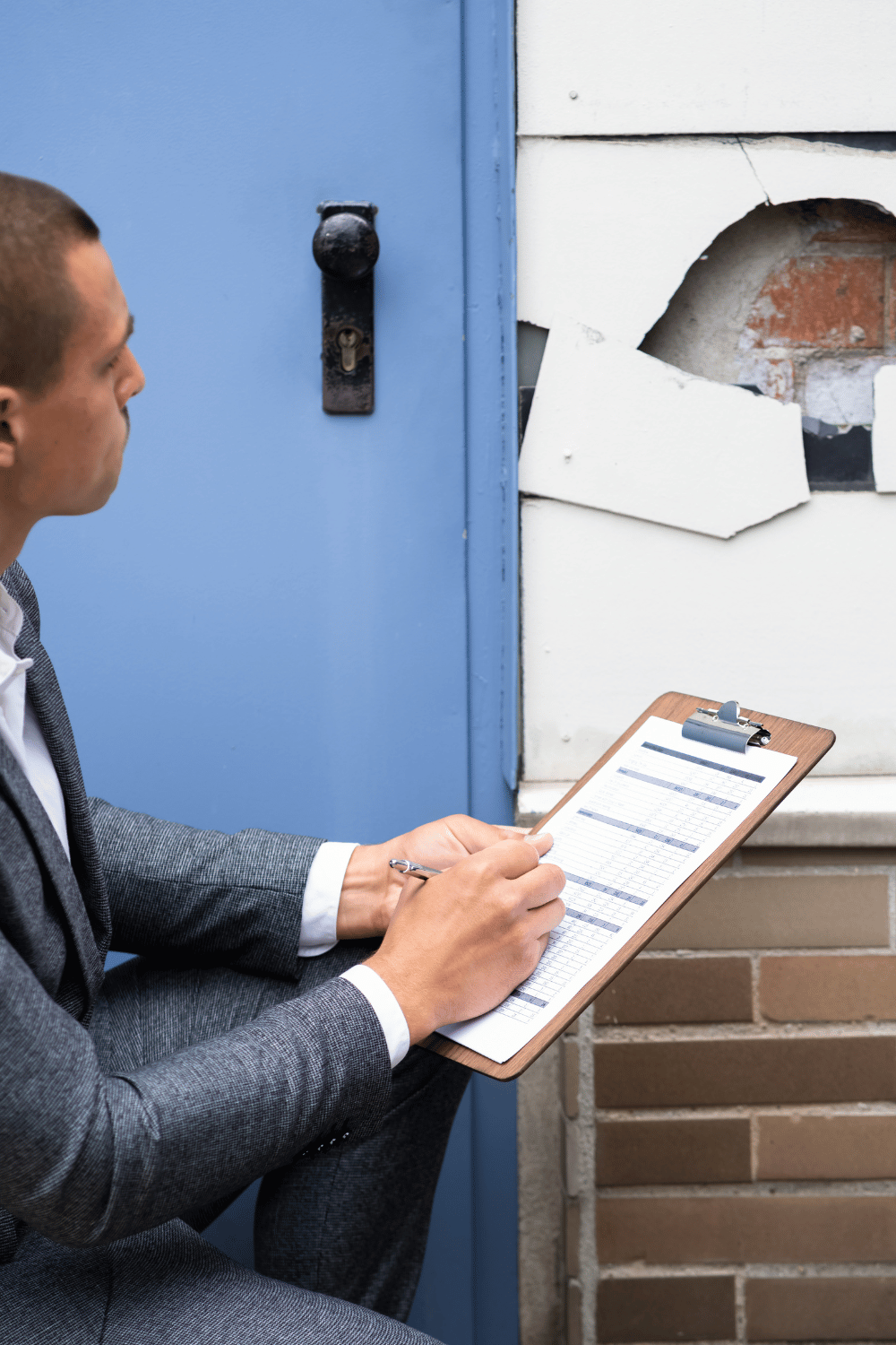 image of an inspector writing down notes when looking at property damage on a home