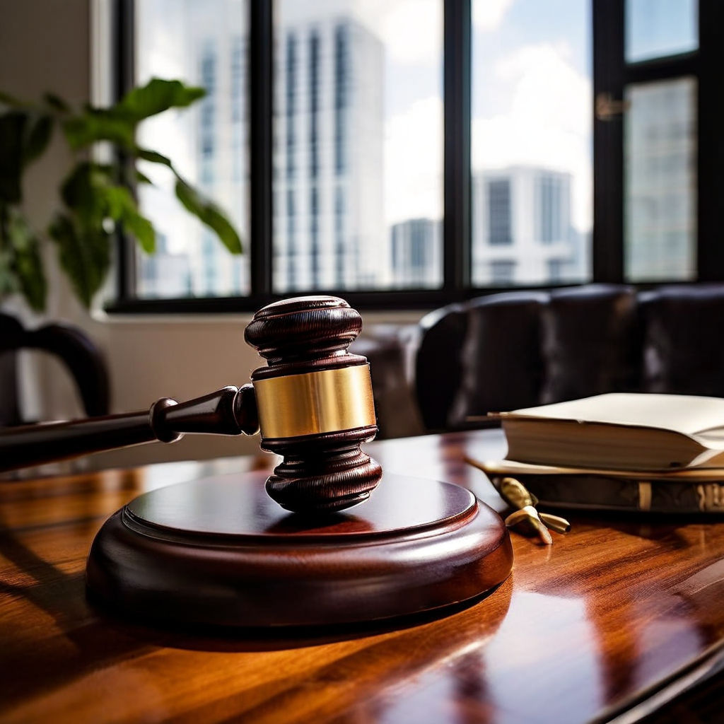 Gavel on wooden desk in law office, symbolizing legal consultation and representation for personal injury cases in Miami.