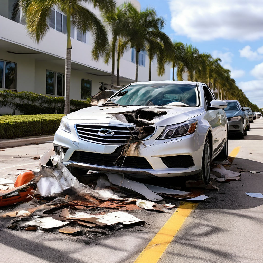 Damaged white car on a street in South Florida, surrounded by debris, illustrating the aftermath of a car accident.