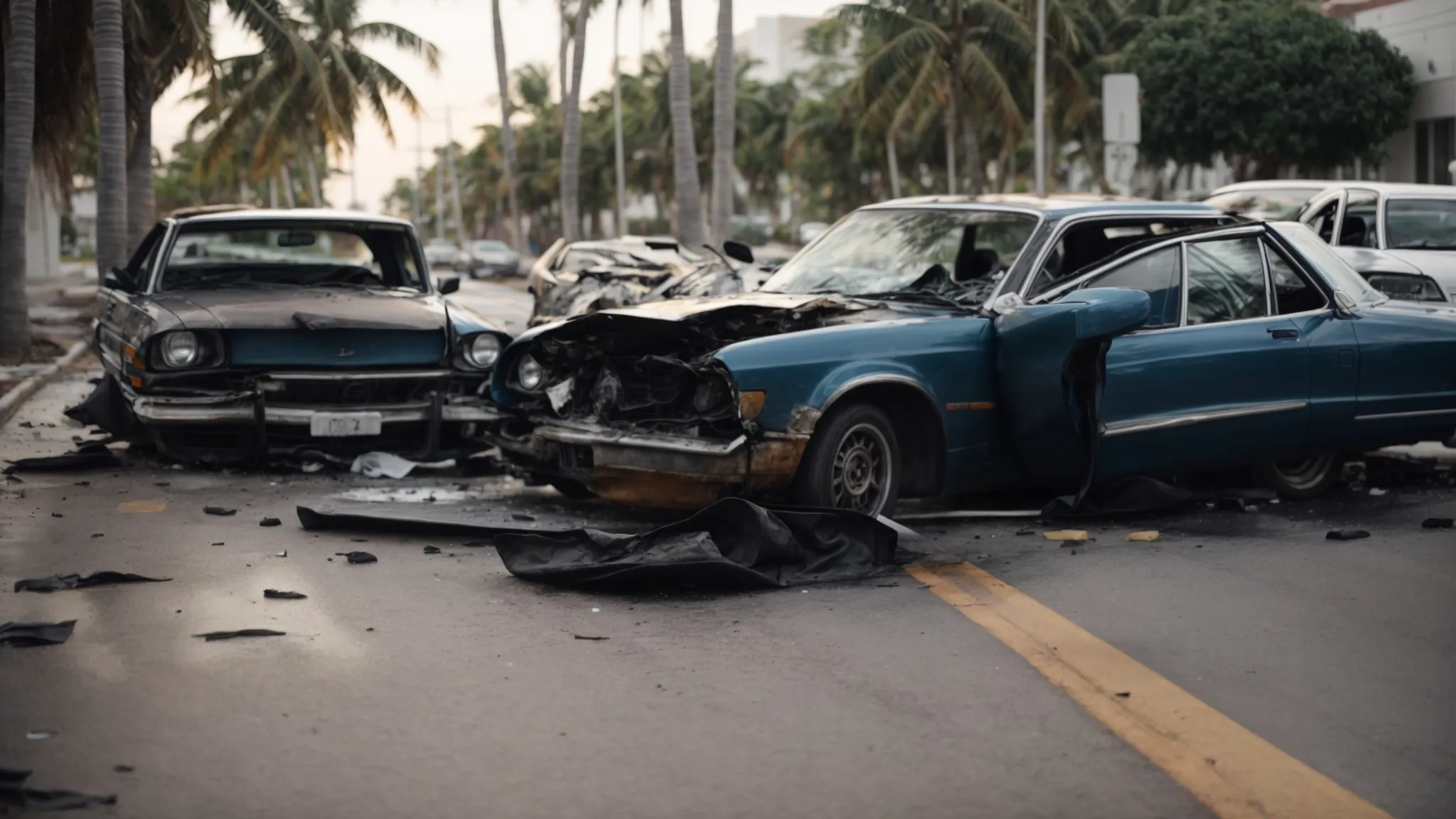 Two damaged cars at the scene of a car accident in Miami, with debris scattered on the road, highlighting the aftermath of a collision relevant to car accident legal services.