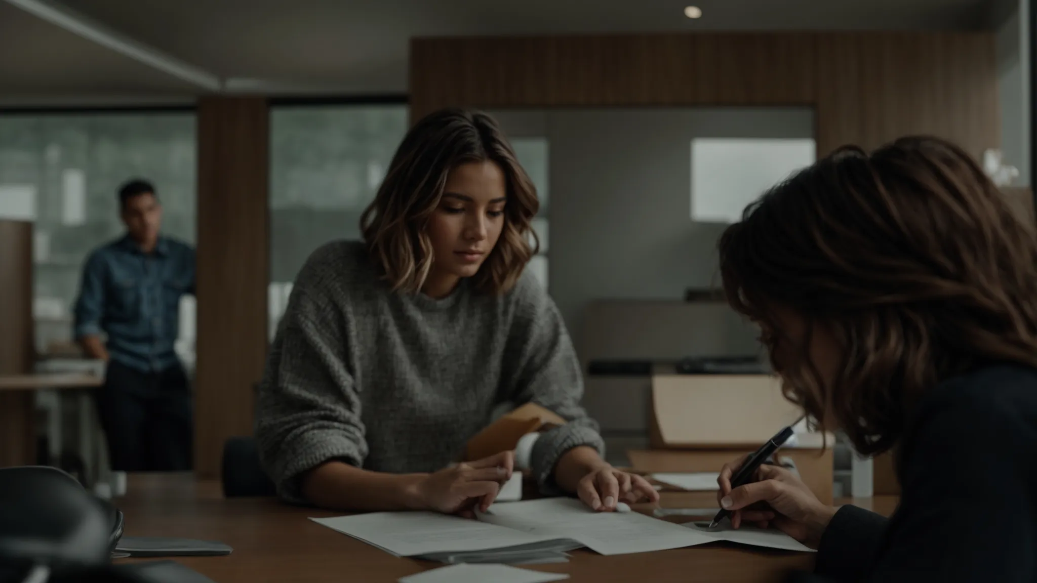 Two women discussing legal documents at a desk, with one taking notes and a man standing in the background, in a professional office setting related to personal injury law.