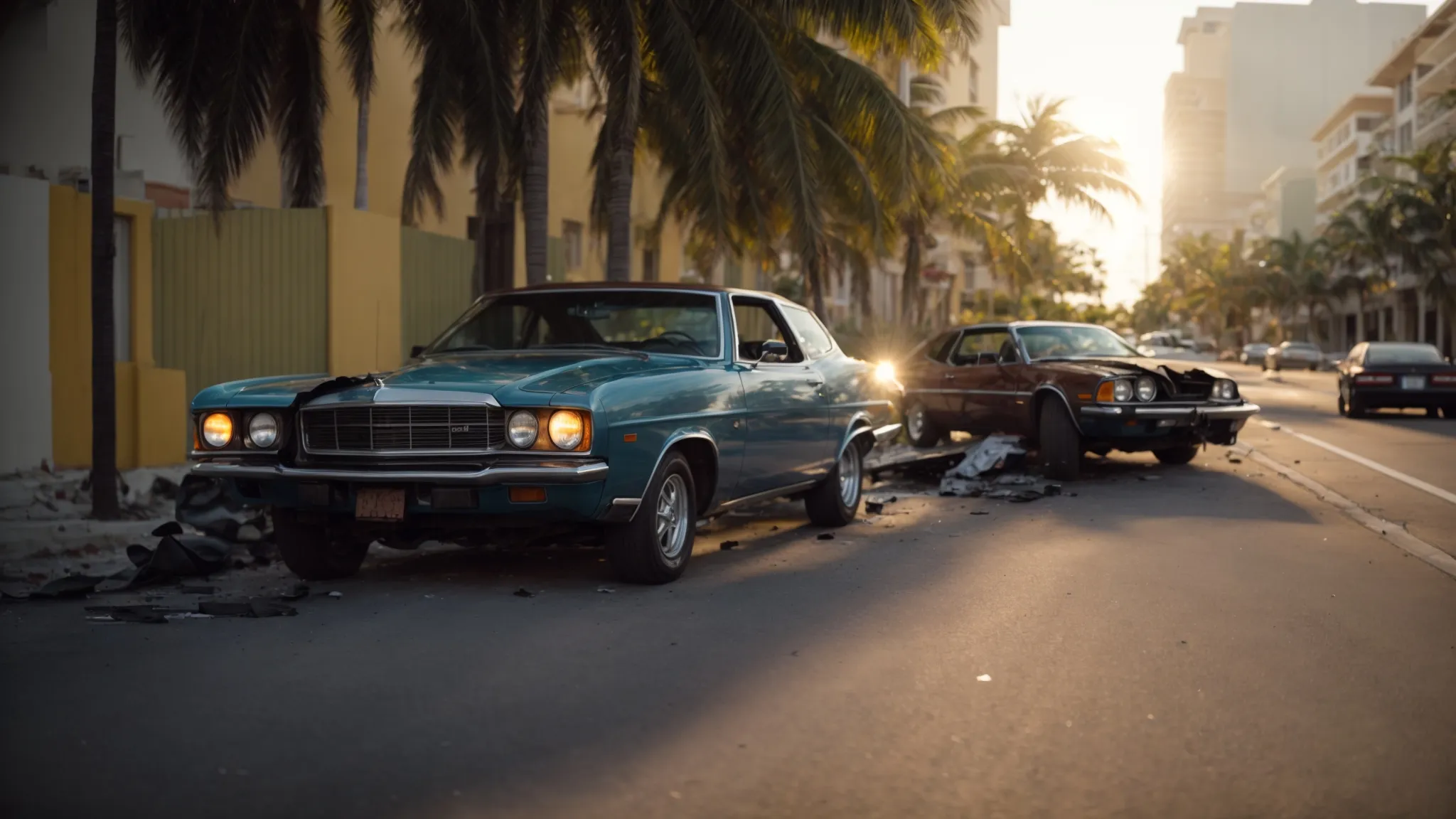 two cars involved in an accident on a sunlit miami street.