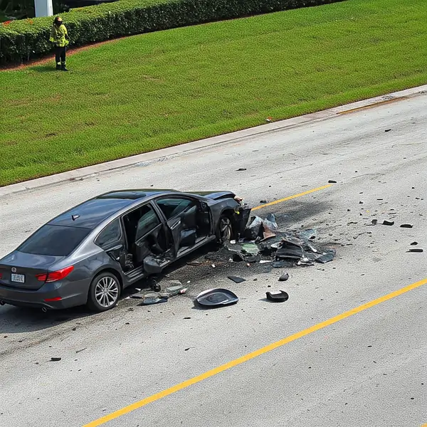 Car accident scene with a damaged gray vehicle and debris scattered on the road, representing personal injury cases in Doral, Florida.