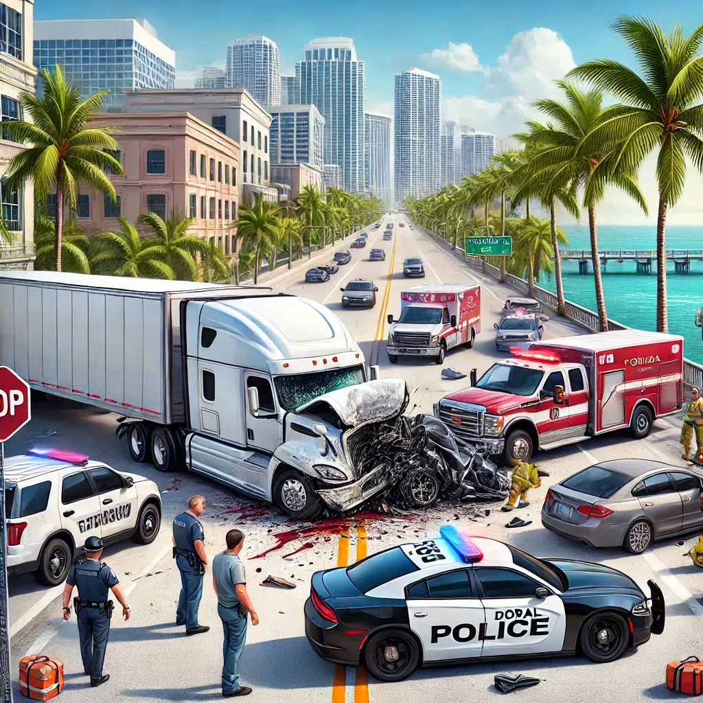 Truck accident scene in Doral with a damaged semi-truck, police cars, and emergency responders attending to a serious collision on a busy road.