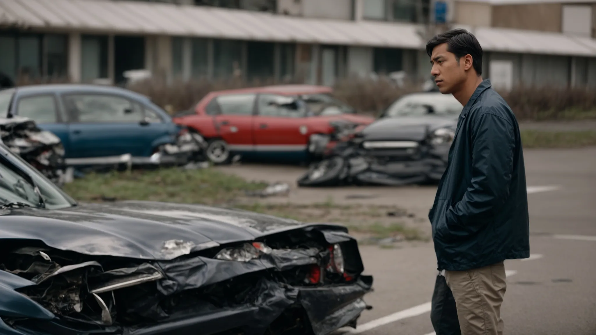 Person looking worried beside a damaged car in a junkyard, reflecting the aftermath of a car accident, emphasizing the need for legal support in personal injury cases.