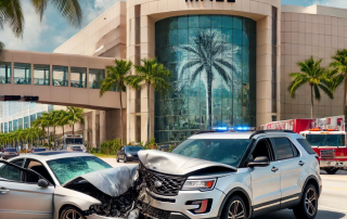 Car accident scene outside luxury shopping center in Bal Harbour, featuring damaged vehicles and emergency response, highlighting the area's traffic hazards.