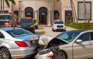 Car accident scene in Bal Harbour, featuring two damaged vehicles, emergency response vehicles, and upscale shopping backdrop, illustrating common traffic incidents in the area.