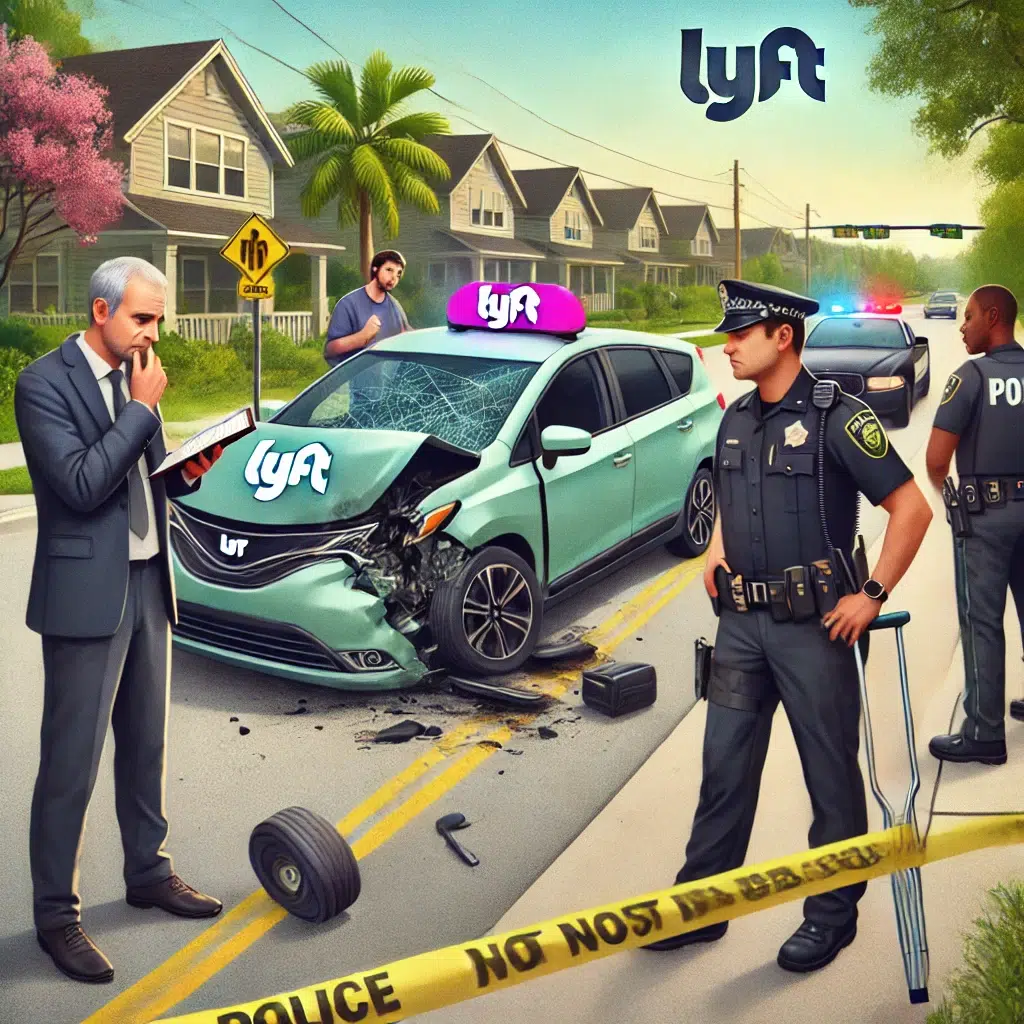Lyft accident scene with a damaged vehicle, police officers investigating, and a lawyer taking notes, illustrating the aftermath of a Lyft accident in Fleming Island.