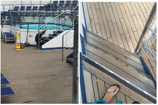 Exterior stairs on a cruise ship showing worn anti-slip tape and uneven risers, with a pool area in the background, highlighting potential slip hazards.