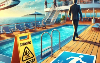 Passenger walking near a pool on a cruise ship, with warning signs for slippery surfaces, illustrating potential hazards leading to common injuries.