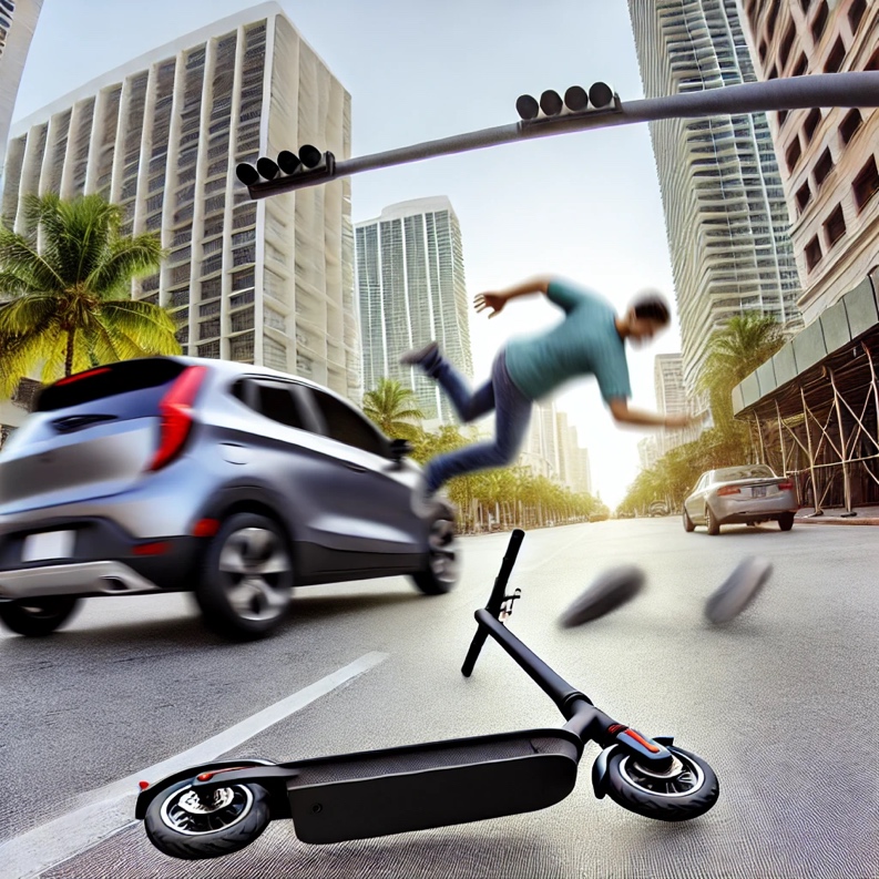 Electric Scooter Accidents in Miami: How Perkins Law Offices Can Help E-scooter accident scene with a rider falling as a car approaches, highlighting the dangers of electric scooter collisions in urban environments.