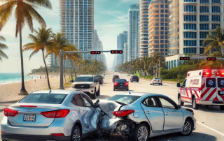 Collision between two sedans on a coastal road near Perkins Law Offices, with an ambulance responding.
