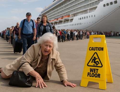 Elderly woman falling on wet pavement near cruise ship, with caution sign indicating slippery surface, highlighting potential injury risks for cruise passengers.