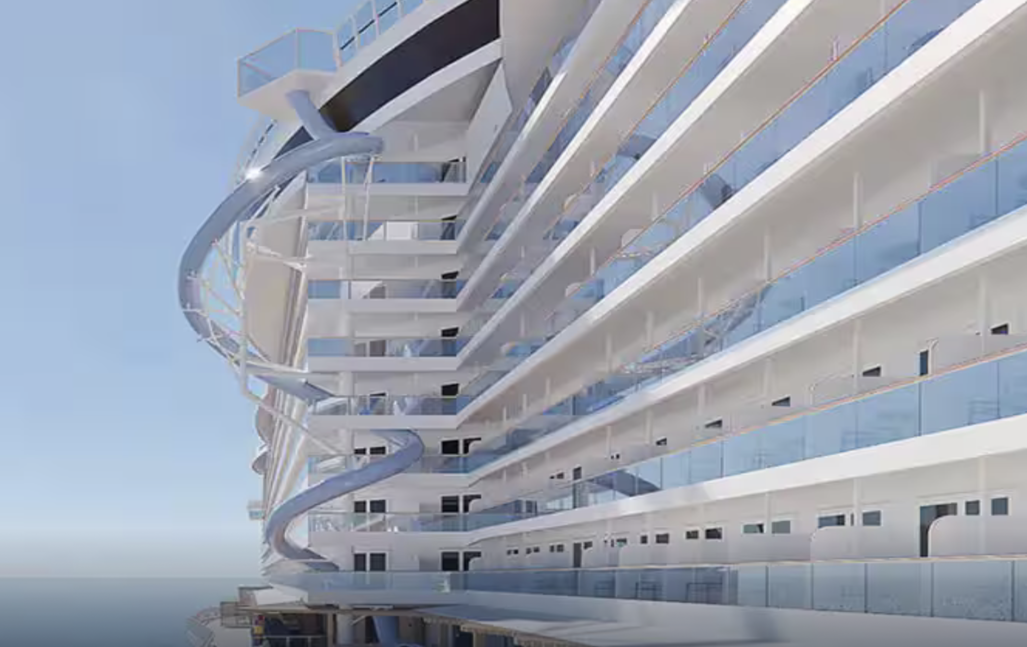 Cruise ship waterslide structure on a modern vessel, featuring multiple levels of balconies and glass railings, emphasizing maritime recreation and potential injury risks.