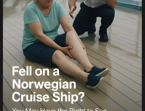 Woman sitting on a cruise ship floor, holding her leg in pain, with a crew member assisting her; text overlay asking if she fell on a Norwegian cruise ship and stating she may have the right to sue.