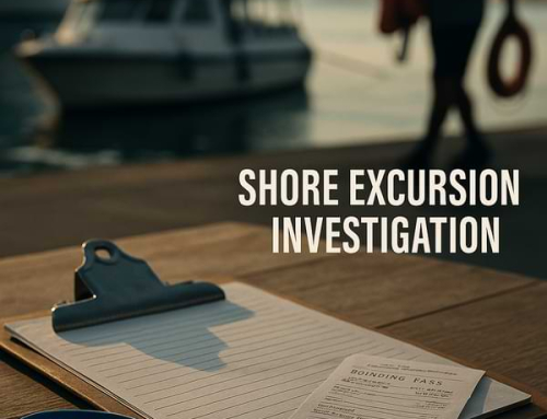 Shore excursion investigation scene with a clipboard and boarding pass, emphasizing legal representation for cruise ship injury claims.