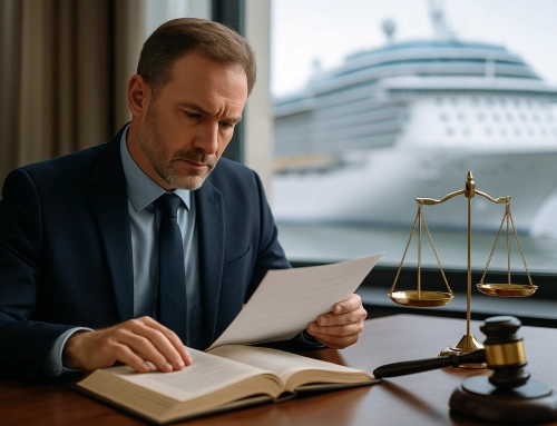 Lawyer reviewing legal documents with a large Carnival cruise ship visible in the background, symbolizing maritime law and cruise accident representation.