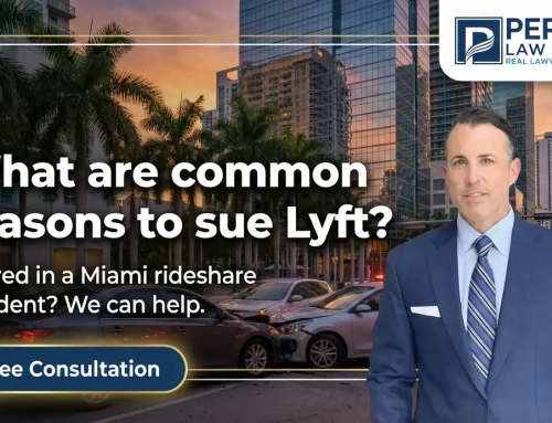 Man in a suit standing in front of a cityscape, with text overlay asking "What are common reasons to sue Lyft?" and offering a free consultation for Lyft accident victims.