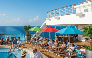 Cruise ship passengers enjoying a sunny day on deck, representing vacation relaxation and safety awareness