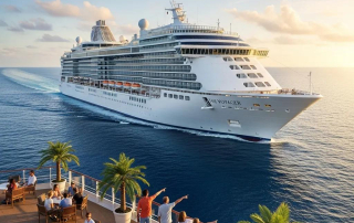 Cruise ship sailing on calm waters with passengers enjoying the view