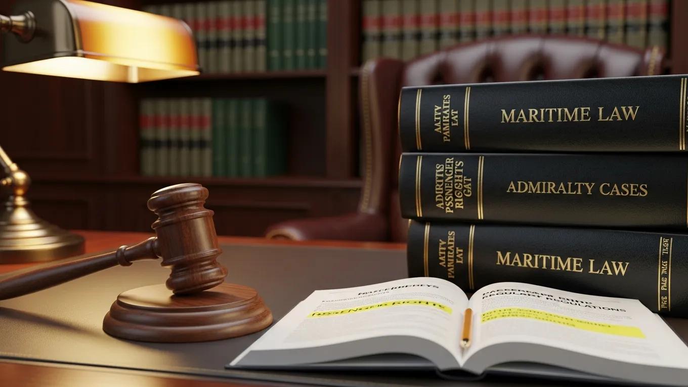 Gavel and maritime law books representing legal rights for cruise ship passengers