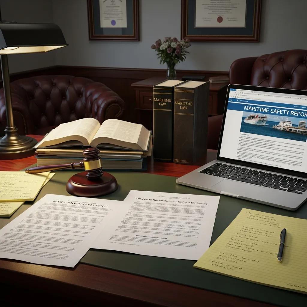 Lawyer's office with legal documents and a gavel representing cruise ship injury claims