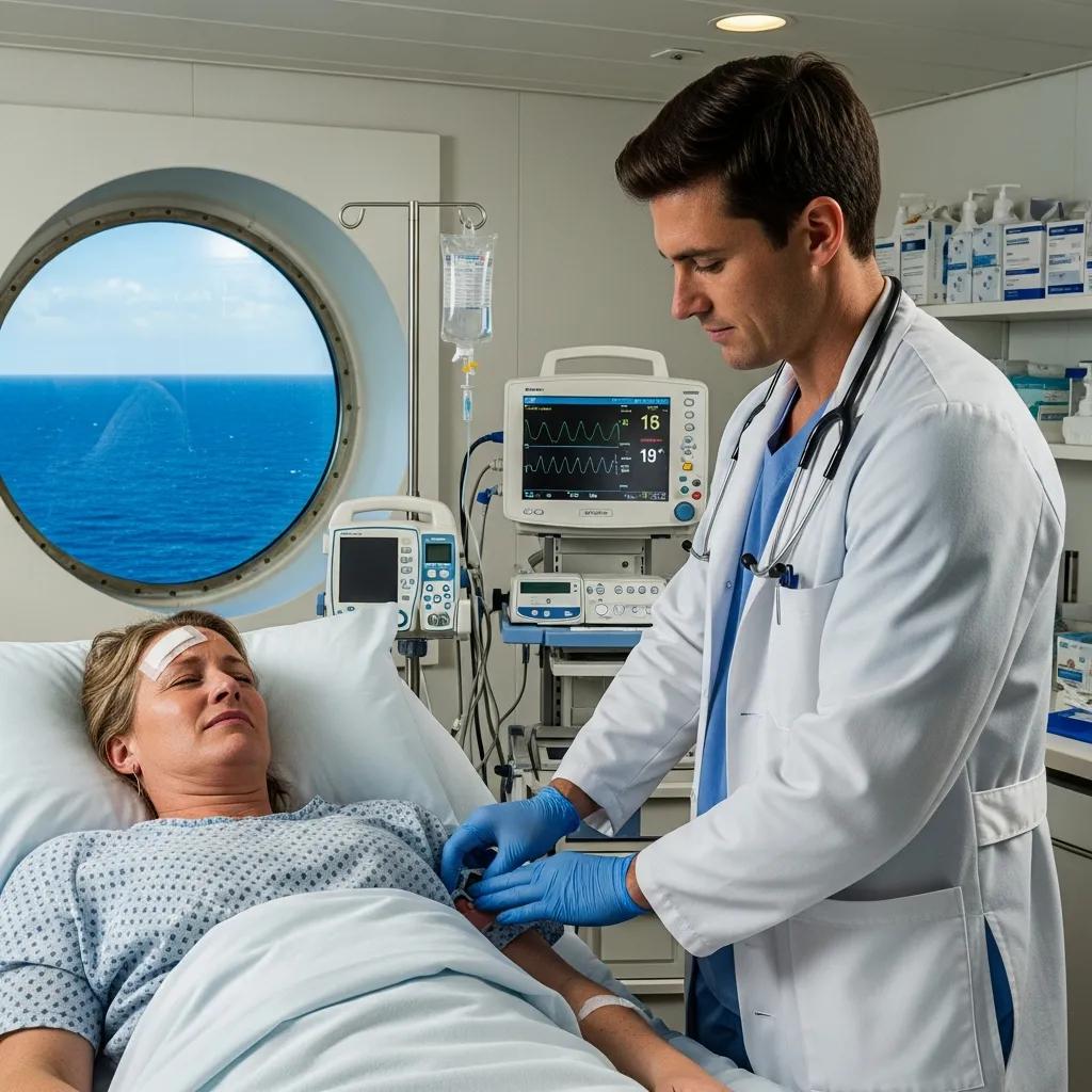 Medical professional assisting a patient on a cruise ship, emphasizing the importance of seeking medical attention