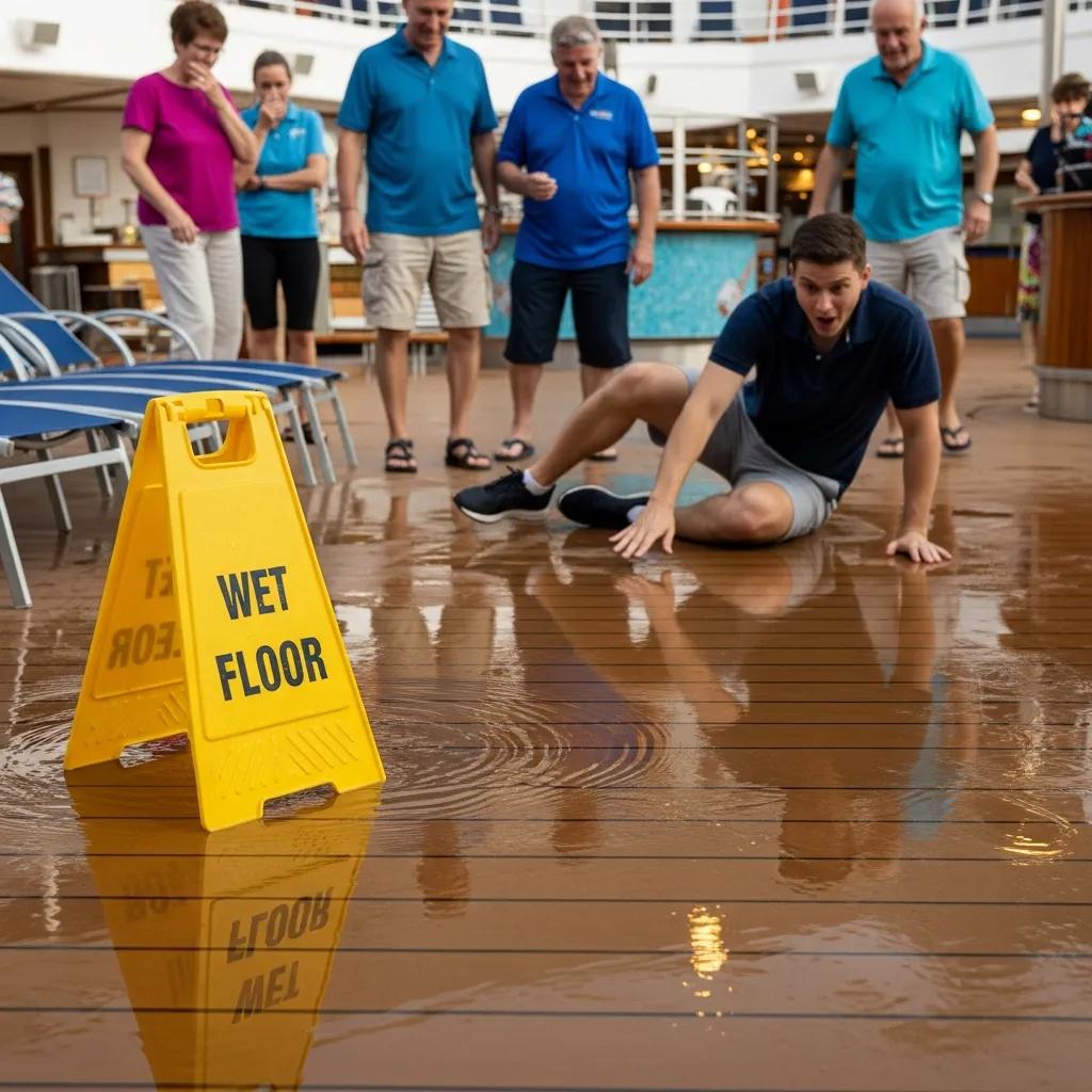Passenger experiencing a slip and fall accident on a cruise ship, highlighting safety concerns and injury types